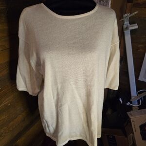 Vintage 80s N.E.K. 1X Cream Metallic Knit Top Shoulder Pads Short Sleeve